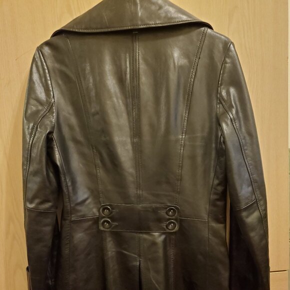 Vintage RUDSAK Black Leather Trench Coat | Double Breasted | Rare Est. 1994 Logo - Picture 2 of 7